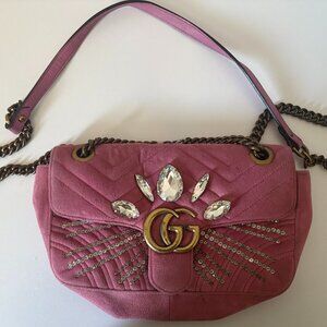 Gucci Pink Velvet Crystals Small GG Marmont Bag
